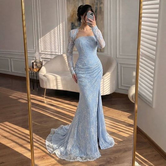 Elegant Blue Lace Beaded Long Sleeve Mermaid Gown with Slit LA73769
