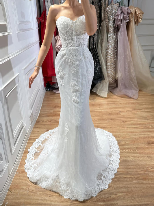 Luxury White Strapless See Through Lace Corset Mermaid Dress LA73771