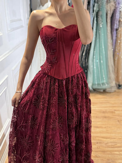 Luxury Wine Red Strapless Beaded Corset A-Line Evening Dress LA73775