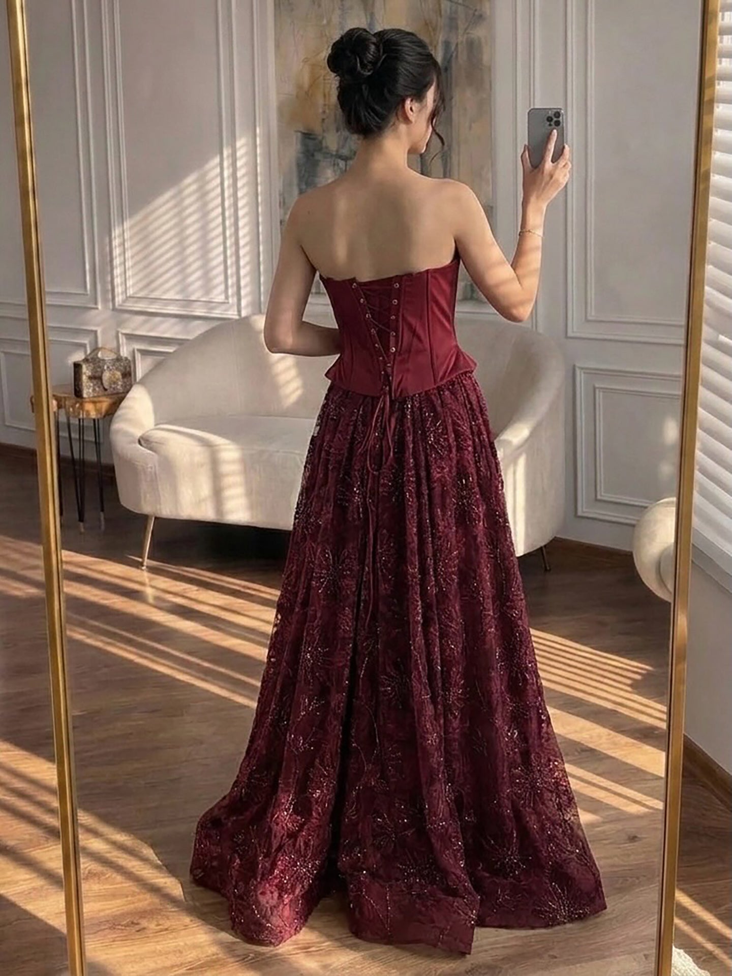 Luxury Wine Red Strapless Beaded Corset A-Line Evening Dress LA73775