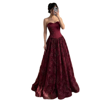 Luxury Wine Red Strapless Beaded Corset A-Line Evening Dress LA73775