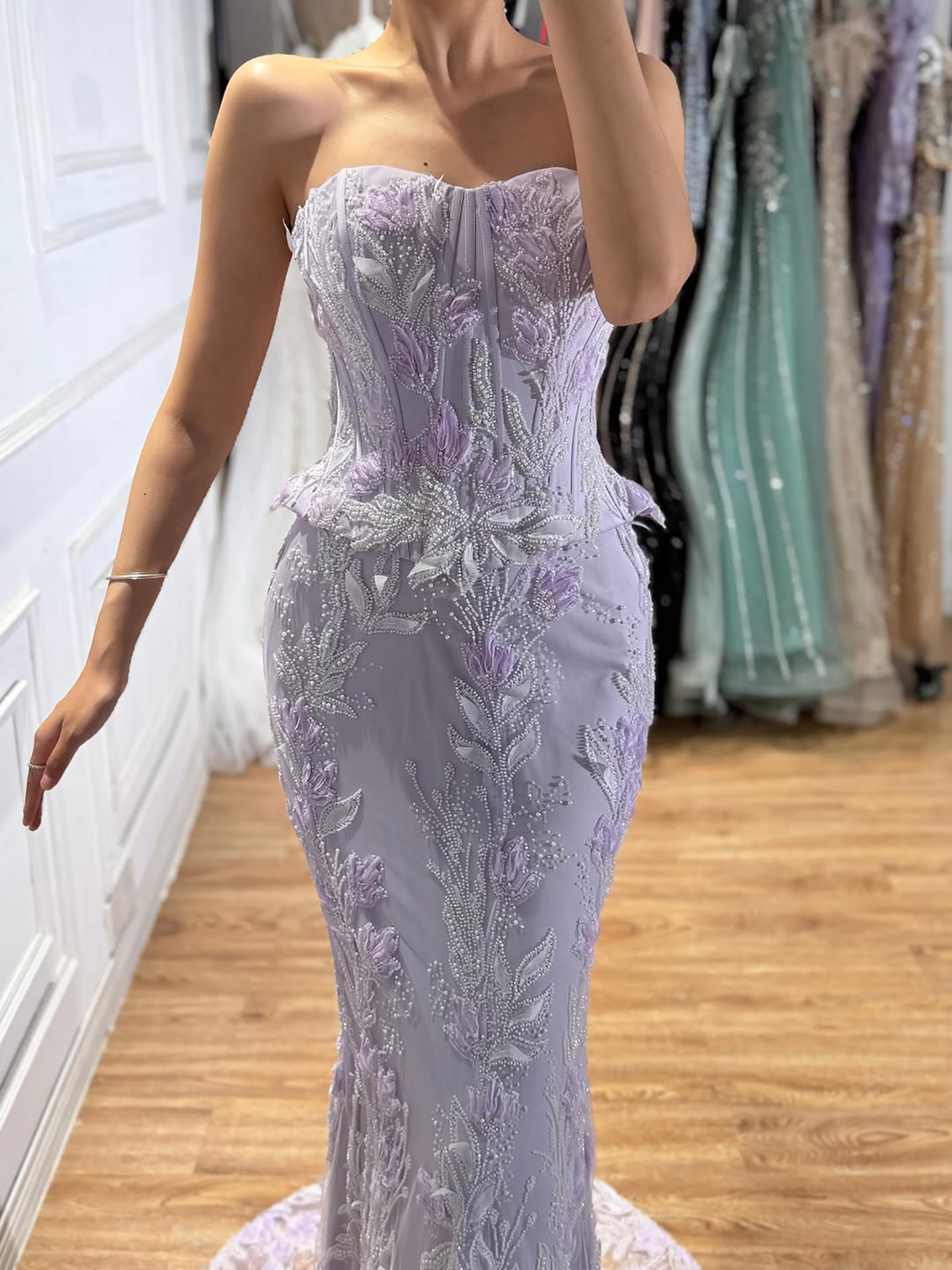 Luxury Lilac Strapless Beaded Peplum Mermaid Evening Dress LA73776
