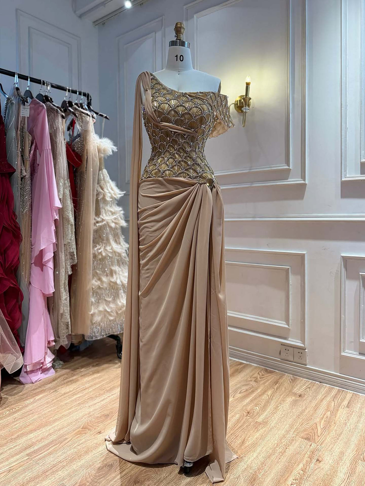 Gold Beaded One Shoulder Mermaid Evening Dress with Chiffon Skirt LA73780