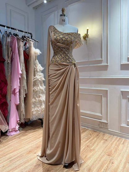 Gold Beaded One Shoulder Mermaid Evening Dress with Chiffon Skirt LA73780