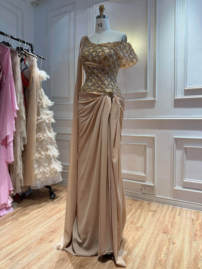 Gold Beaded One Shoulder Mermaid Evening Dress with Chiffon Skirt LA73780