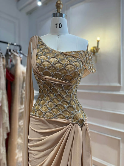 Gold Beaded One Shoulder Mermaid Evening Dress with Chiffon Skirt LA73780