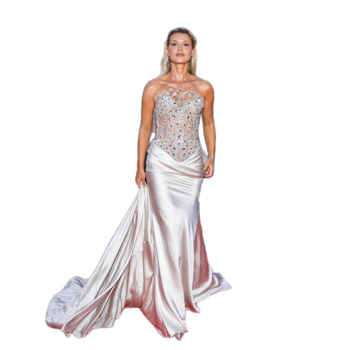 Luxury Champagne Strapless Crystal Satin Mermaid Evening Dress LA73782