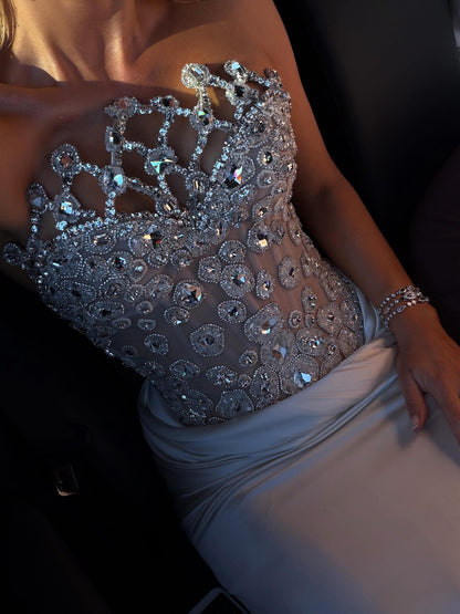 Luxury Champagne Strapless Crystal Satin Mermaid Evening Dress LA73782