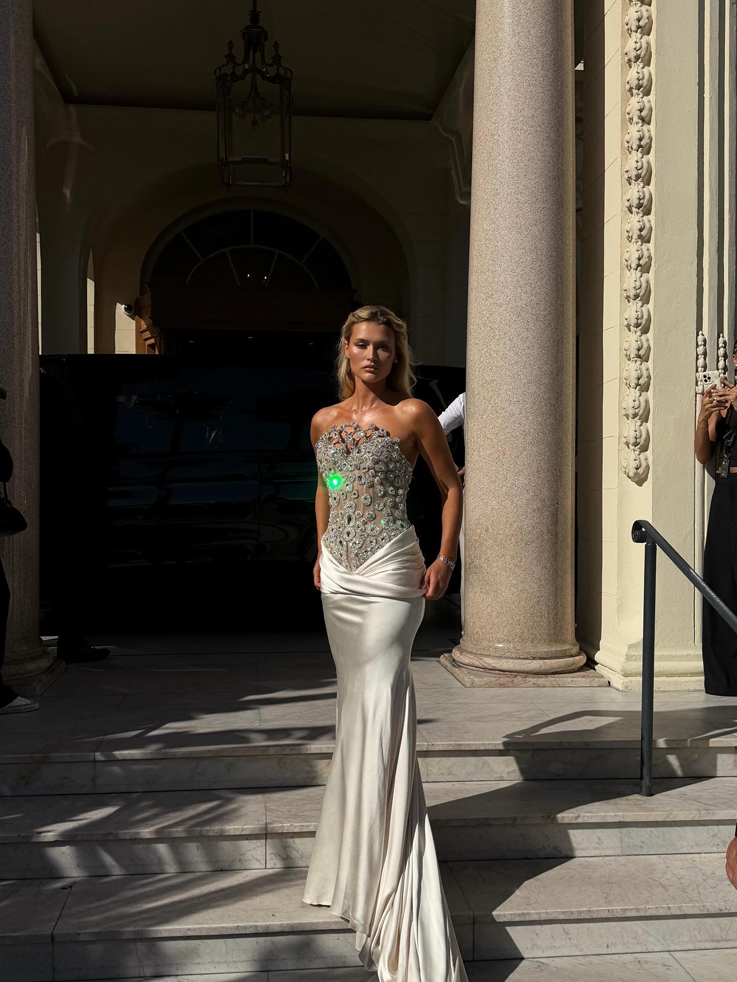 Luxury Champagne Strapless Crystal Satin Mermaid Evening Dress LA73782