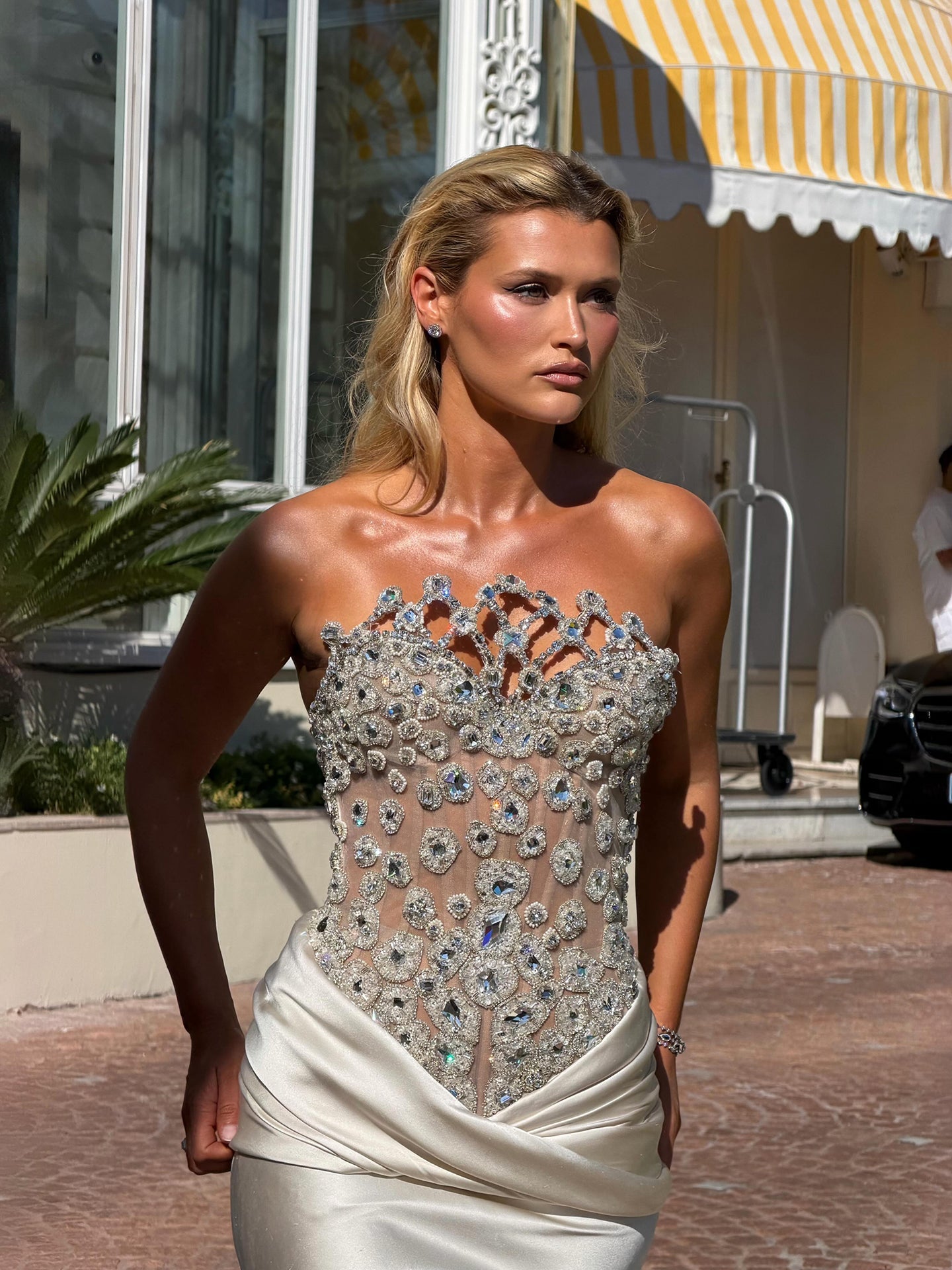 Luxury Champagne Strapless Crystal Satin Mermaid Evening Dress LA73782