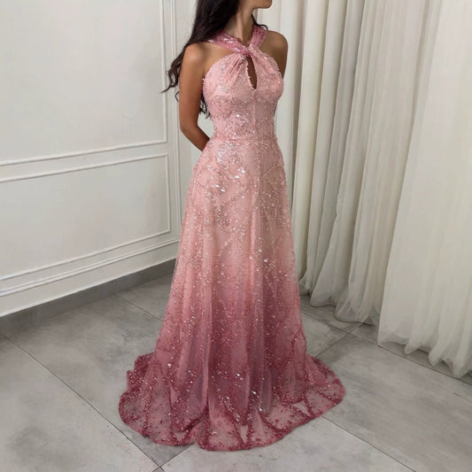 Luxury Pink Ombre Cross-Neck Beaded A-Line Gown LA73783