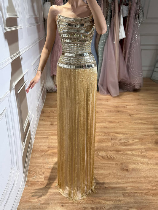 Luxury Gold Crystal Beaded Strapless Tassel Evening Dress LA73785