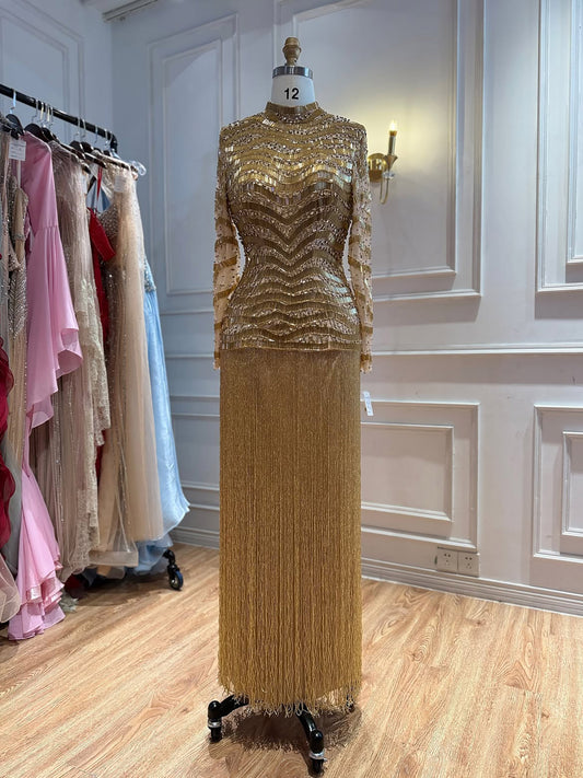 Modest Gold High Neck Beaded Fringe Long Sleeve Dress LA73787A