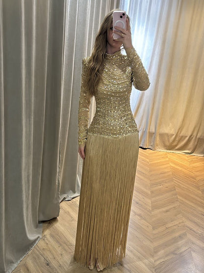 Modest Gold High Neck Beaded Fringe Long Sleeve Dress LA73787A