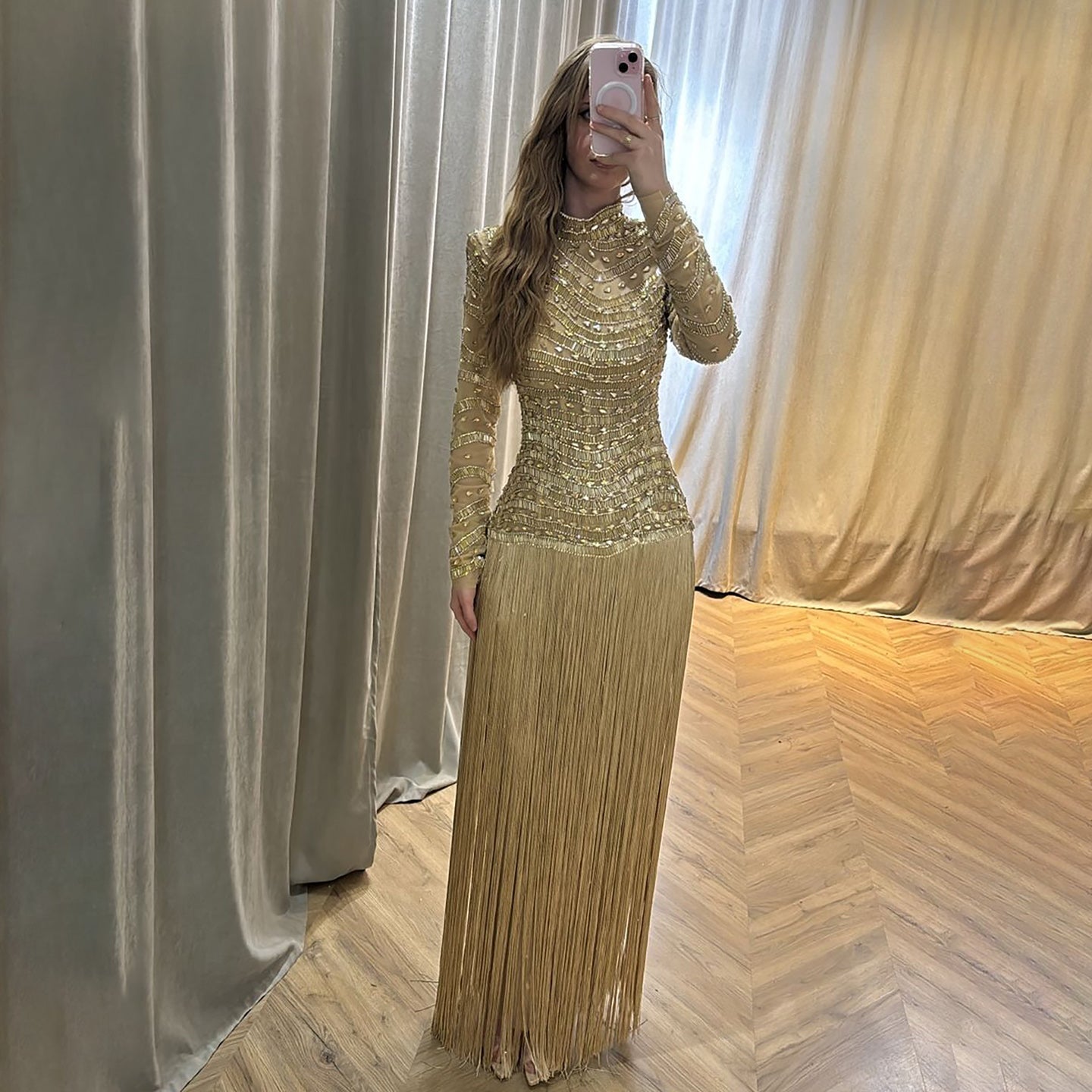 Modest Gold High Neck Beaded Fringe Long Sleeve Dress LA73787A