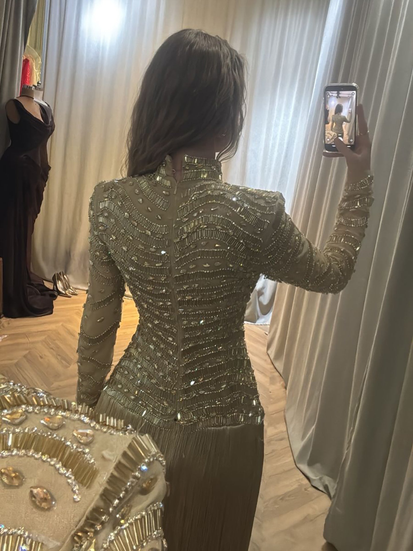 Modest Gold High Neck Beaded Fringe Long Sleeve Dress LA73787A