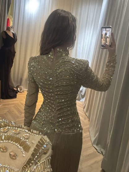 Modest Gold High Neck Beaded Fringe Long Sleeve Dress LA73787A