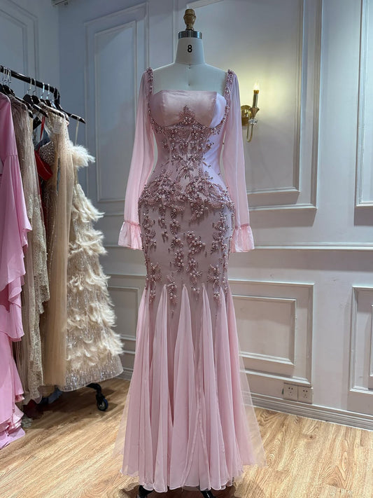 Pink Beaded Mermaid Evening Dress with Chiffon Long Sleeve LA73794