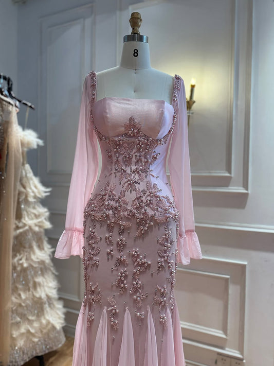 Pink Beaded Mermaid Evening Dress with Chiffon Long Sleeve LA73794