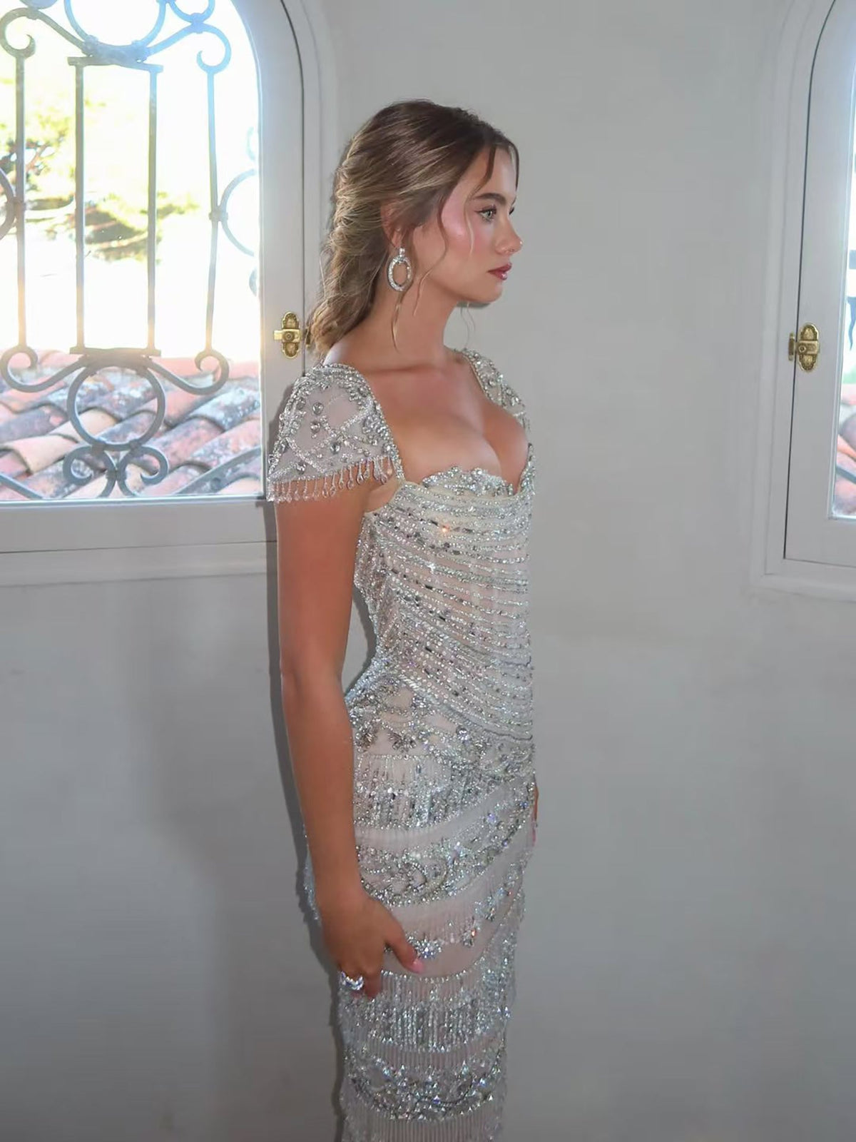 White Cap Sleeve Sweetheart Beaded Evening Dress LA73798