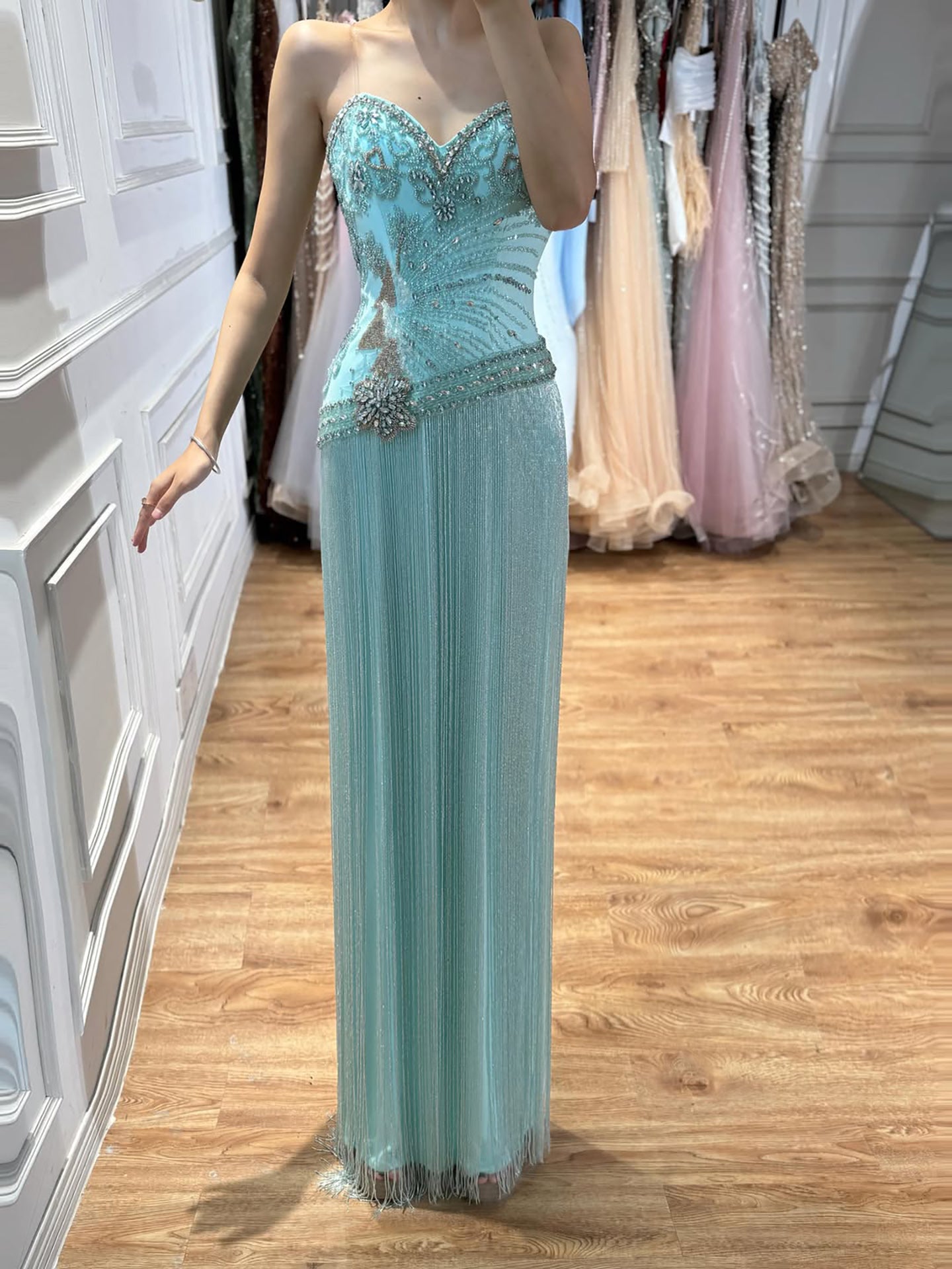 Tiffany Sweetheart Beaded Fringe Evening Dress Formal Gown LA73800