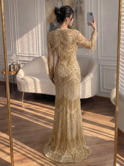Luxury Green Long Sleeve Beaded Tassel Mermaid Dress LA73804