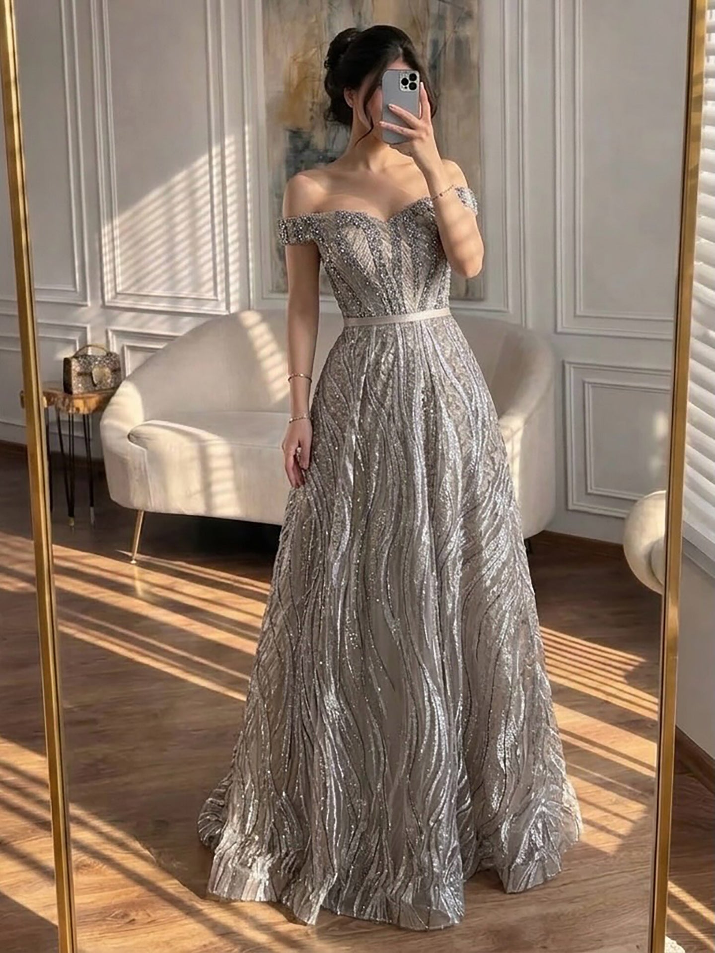 Luxury Caramel Off the Shoulder Beaded A Line Evening Dress LA73811