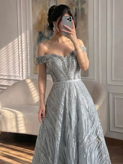 Luxury Caramel Off the Shoulder Beaded A Line Evening Dress LA73811