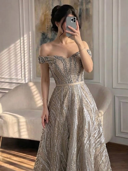 Luxury Caramel Off the Shoulder Beaded A Line Evening Dress LA73811