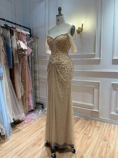 Luxury Gold Strapless Crystal Beaded Mermaid Evening Dress LA73818A