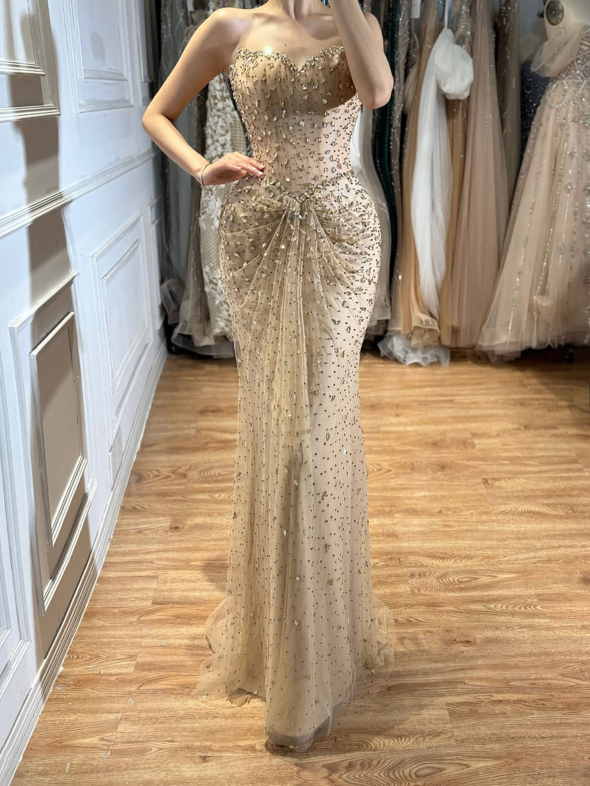 Luxury Gold Strapless Crystal Beaded Mermaid Evening Dress LA73818A
