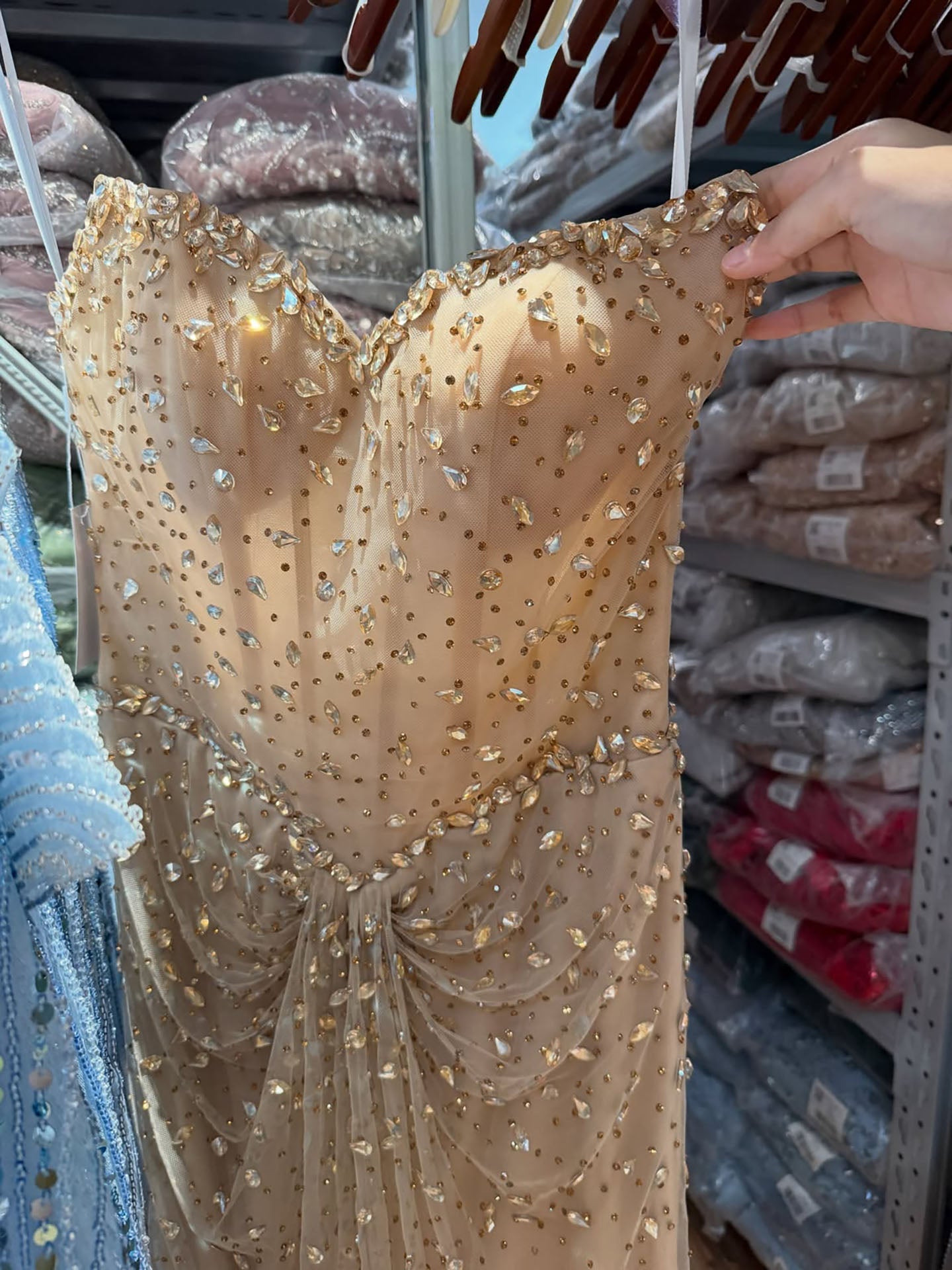 Luxury Gold Strapless Crystal Beaded Mermaid Evening Dress LA73818A