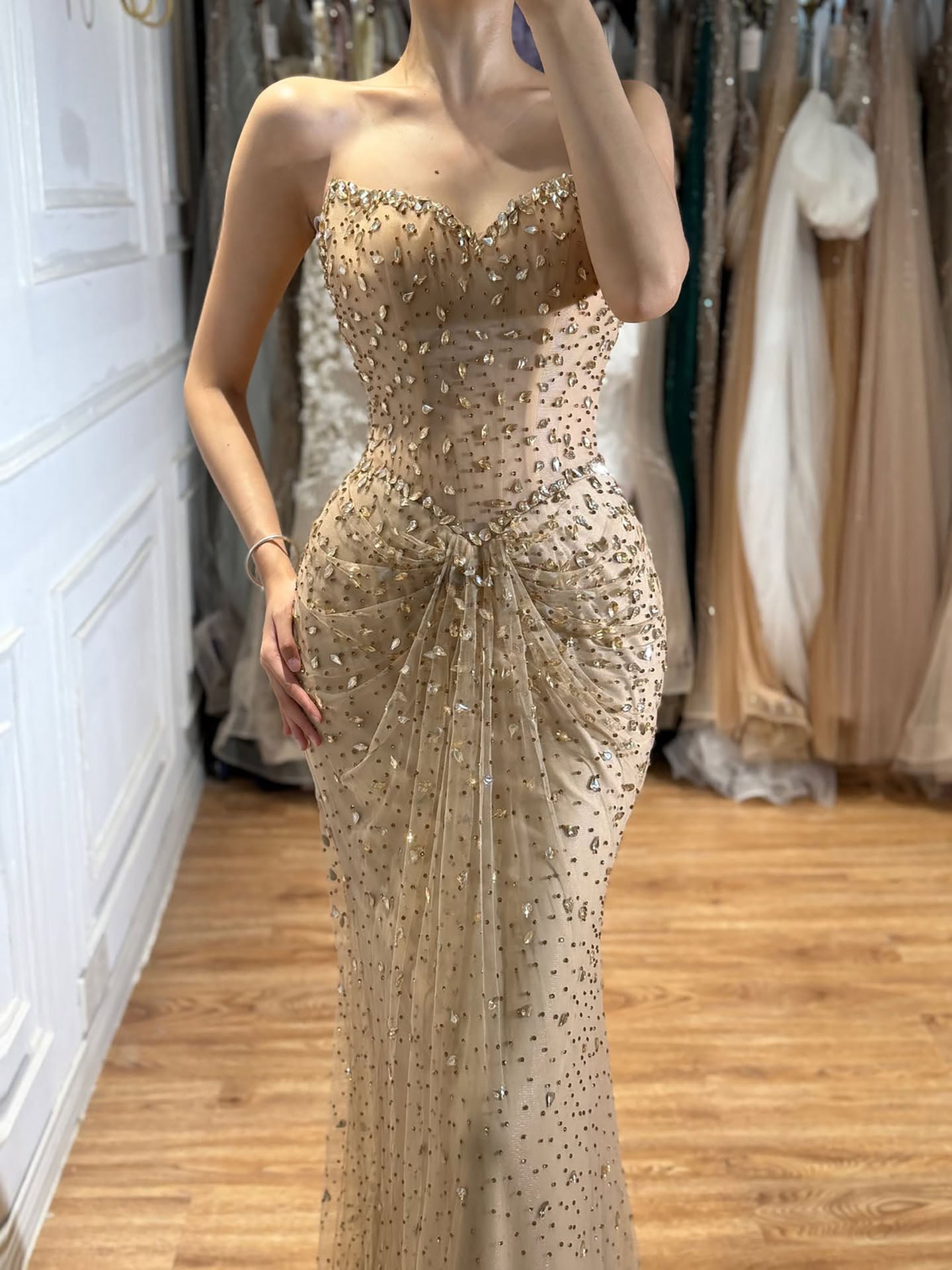 Luxury Gold Strapless Crystal Beaded Mermaid Evening Dress LA73818A