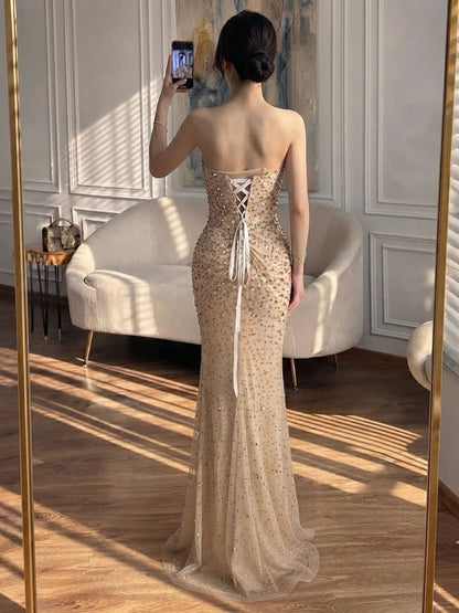 Luxury Gold Strapless Crystal Beaded Mermaid Evening Dress LA73818A