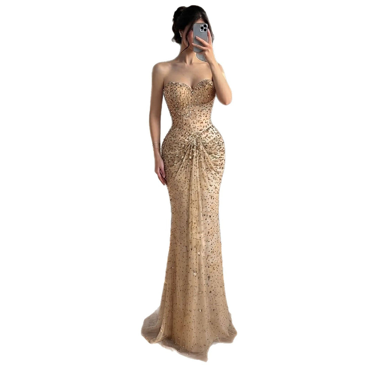 Luxury Gold Strapless Crystal Beaded Mermaid Evening Dress LA73818A