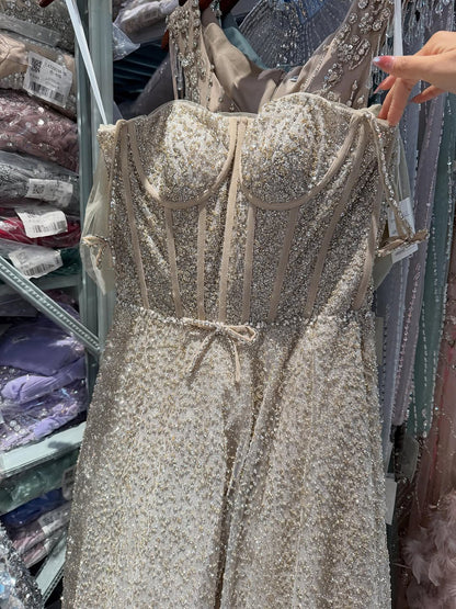 Luxury Caramel Off The Shoulder Beaded A Line Evening Dress LA73820