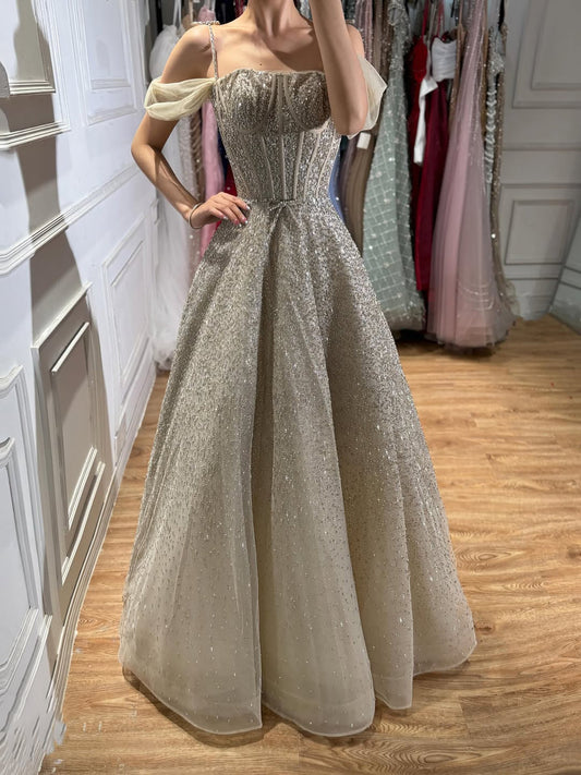 Luxury Caramel Off The Shoulder Beaded A Line Evening Dress LA73820