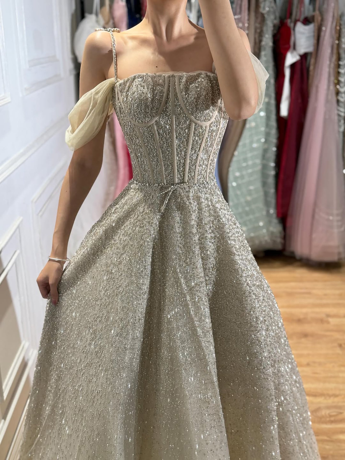 Luxury Caramel Off The Shoulder Beaded A Line Evening Dress LA73820