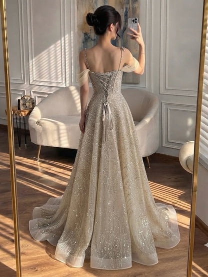Luxury Caramel Off The Shoulder Beaded A Line Evening Dress LA73820