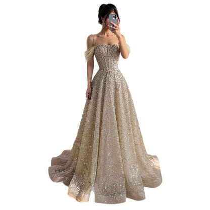 Luxury Caramel Off The Shoulder Beaded A Line Evening Dress LA73820