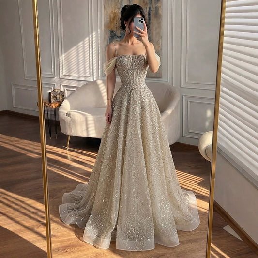 Luxury Caramel Off The Shoulder Beaded A Line Evening Dress LA73820