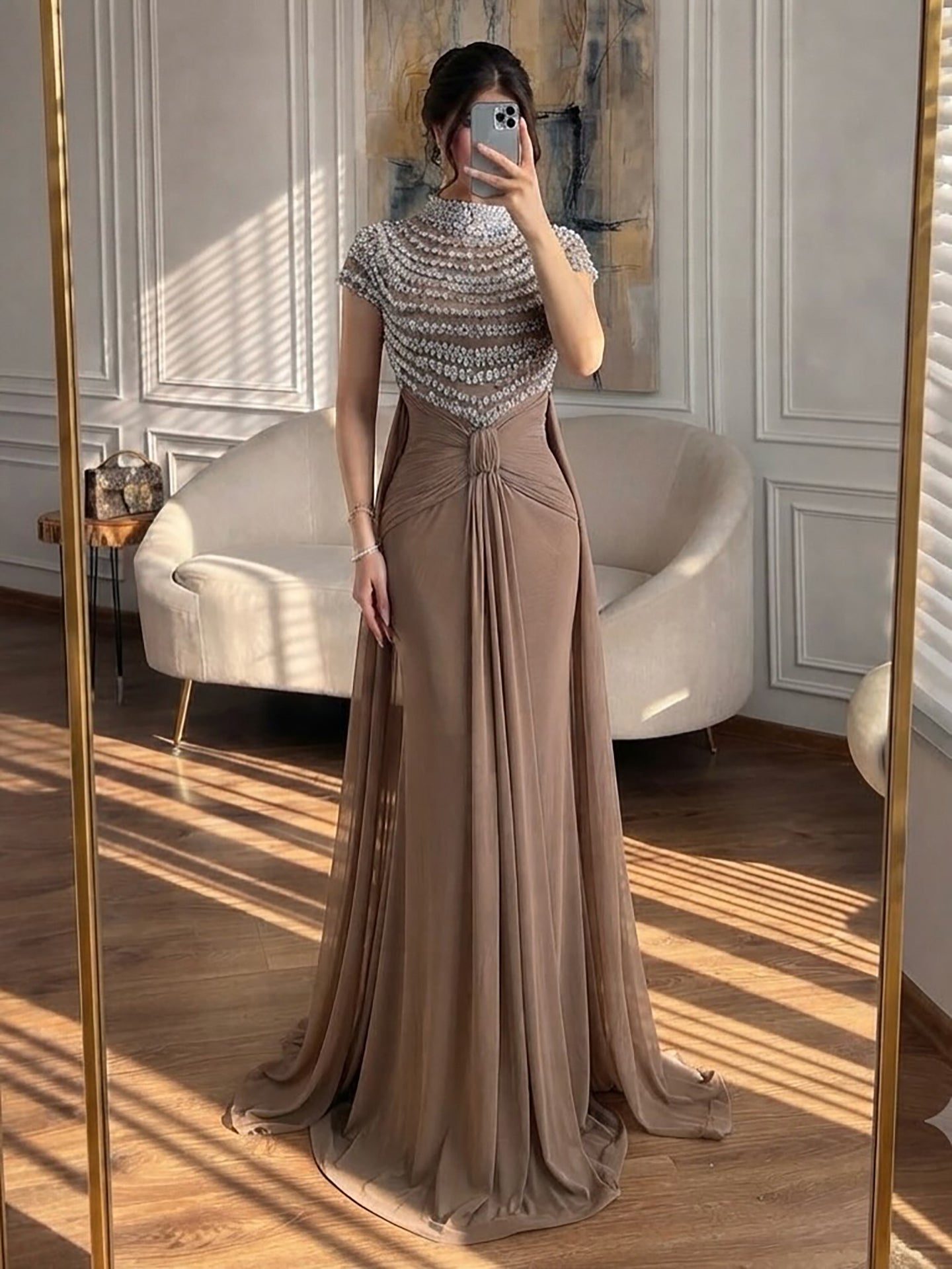 Luxury Caramel High-Neck Beaded Ruched Mermaid Evening Dress LA73825