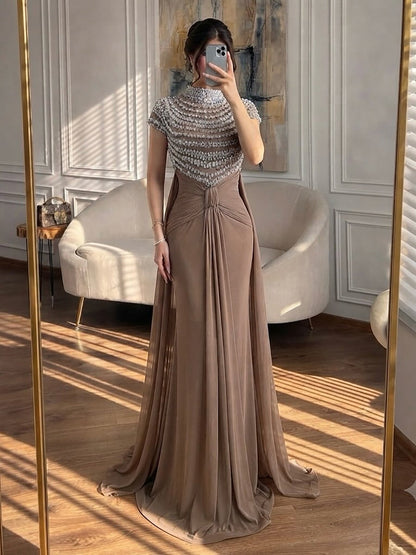 Luxury Caramel High-Neck Beaded Ruched Mermaid Evening Dress LA73825