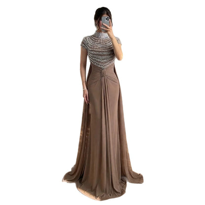 Luxury Caramel High-Neck Beaded Ruched Mermaid Evening Dress LA73825