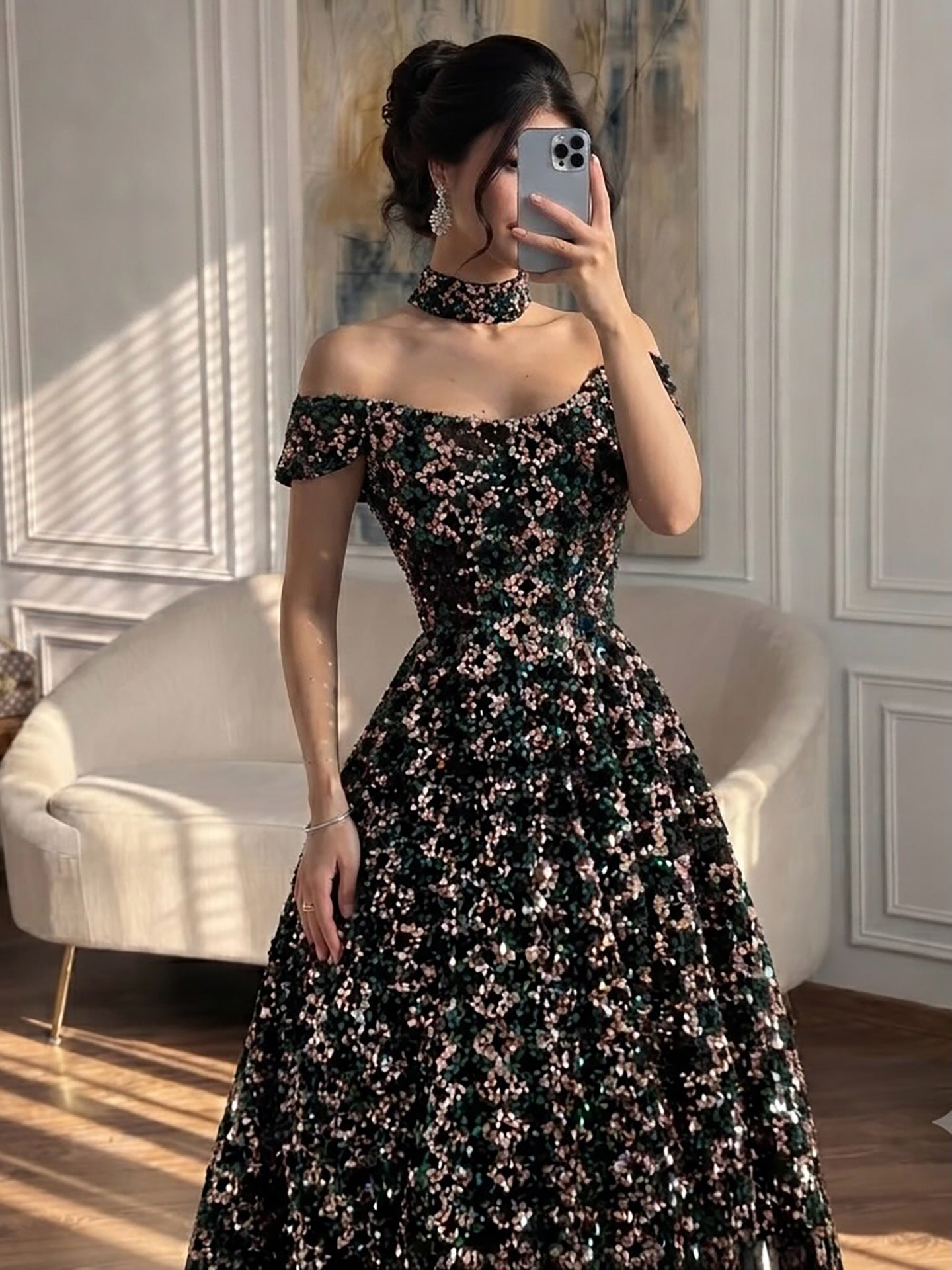 Luxury Off the Shoulder Sequined Beaded A Line Evening Dress LA73826