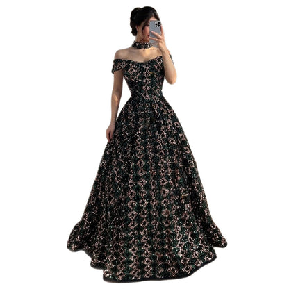 Luxury Off the Shoulder Sequined Beaded A Line Evening Dress LA73826