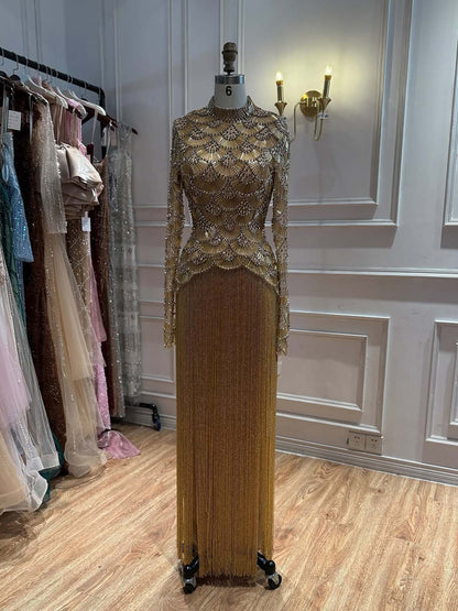 Modest Gold Beaded High Neck Long Sleeve Evening Dress with Tassel Fringe Skirt LA73834