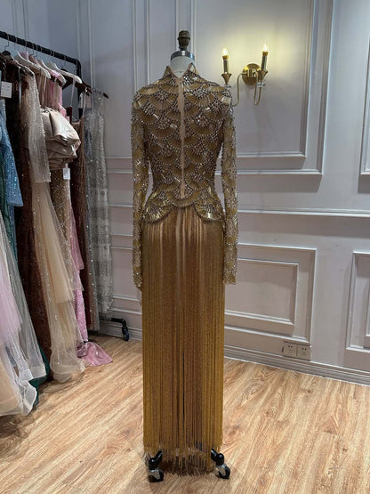 Modest Gold Beaded High Neck Long Sleeve Evening Dress with Tassel Fringe Skirt LA73834