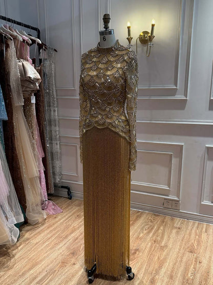 Modest Gold Beaded High Neck Long Sleeve Evening Dress with Tassel Fringe Skirt LA73834