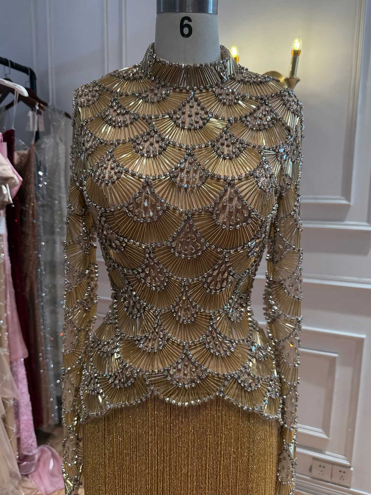 Modest Gold Beaded High Neck Long Sleeve Evening Dress with Tassel Fringe Skirt LA73834